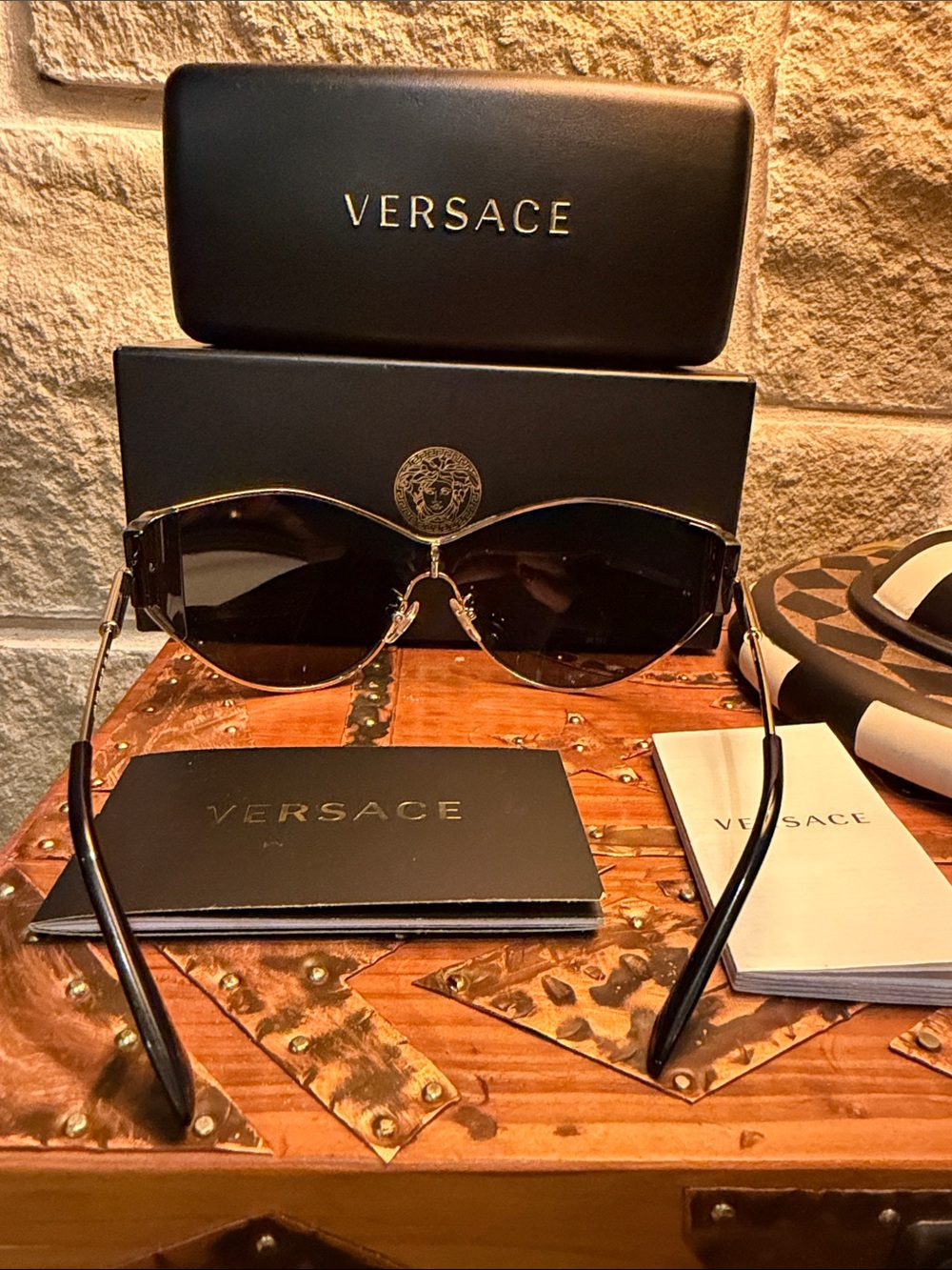 Versace Black Shield Sunglasses with Gold Trim ⭐️ GORGEOUS - Picture 7 of 13